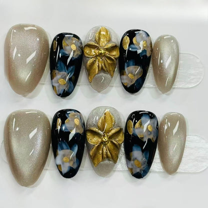 More to save up to 60% Luxury 3D Gold Flower Press On Fake Nails