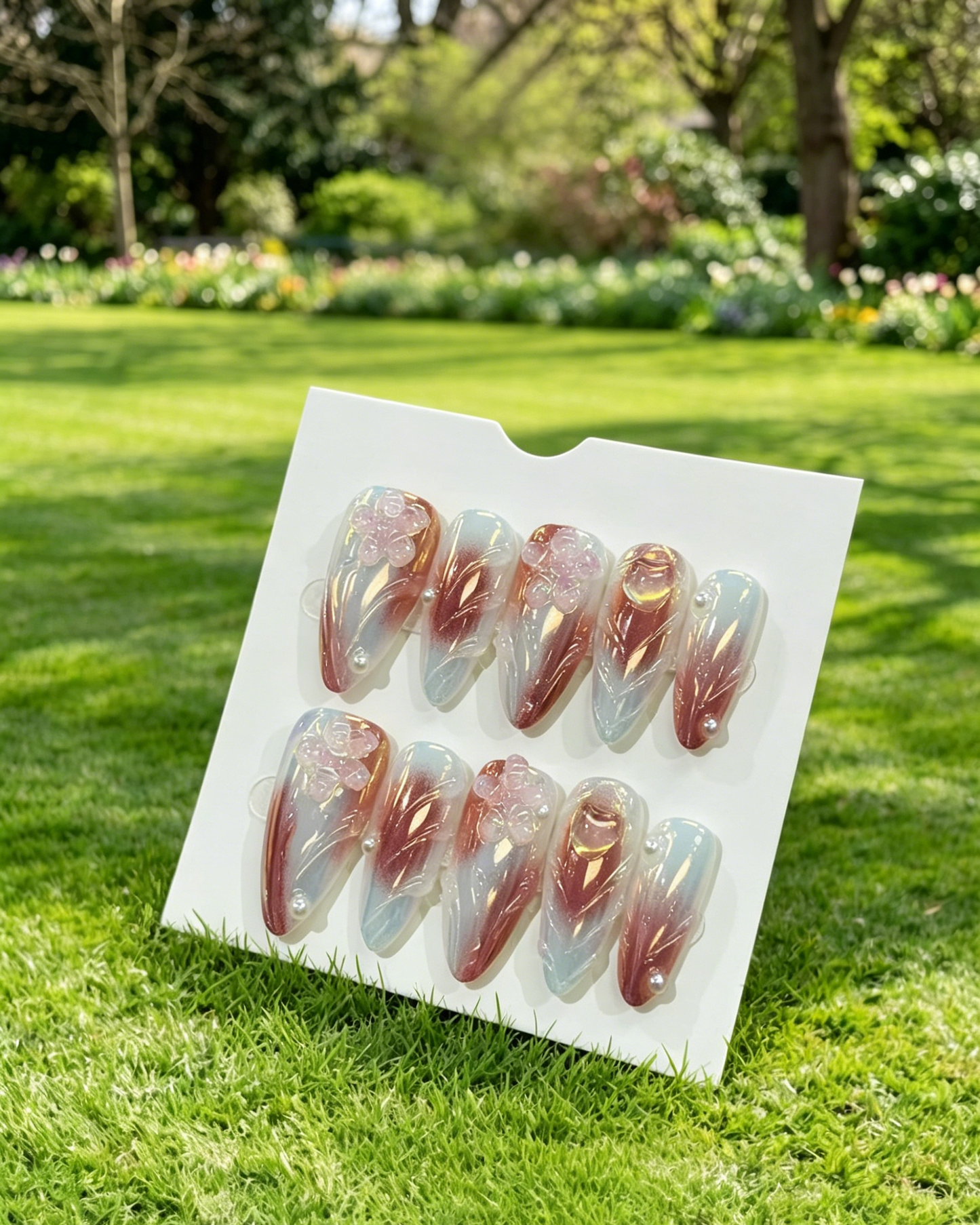 More to save up to 60% Brown Silver Gradient Almond Press On Nails