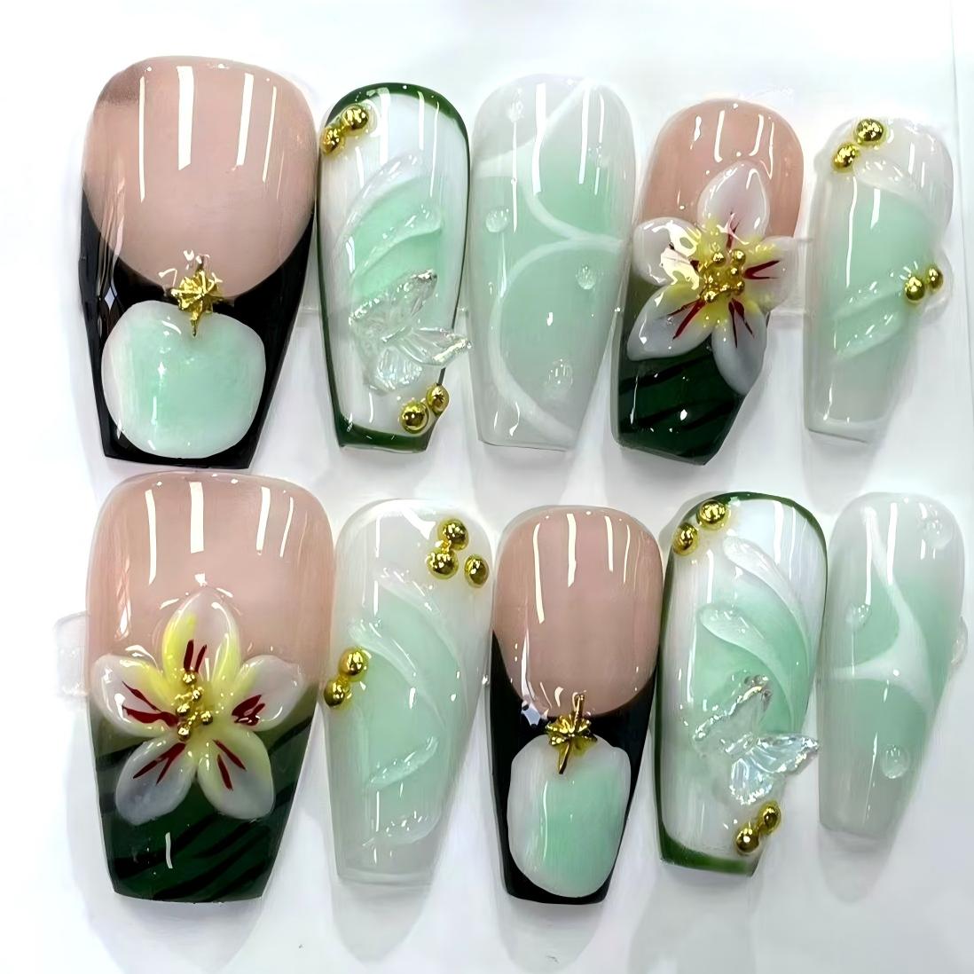 More to save up to 60% Handmade Mint Floral Press On Fake Nails