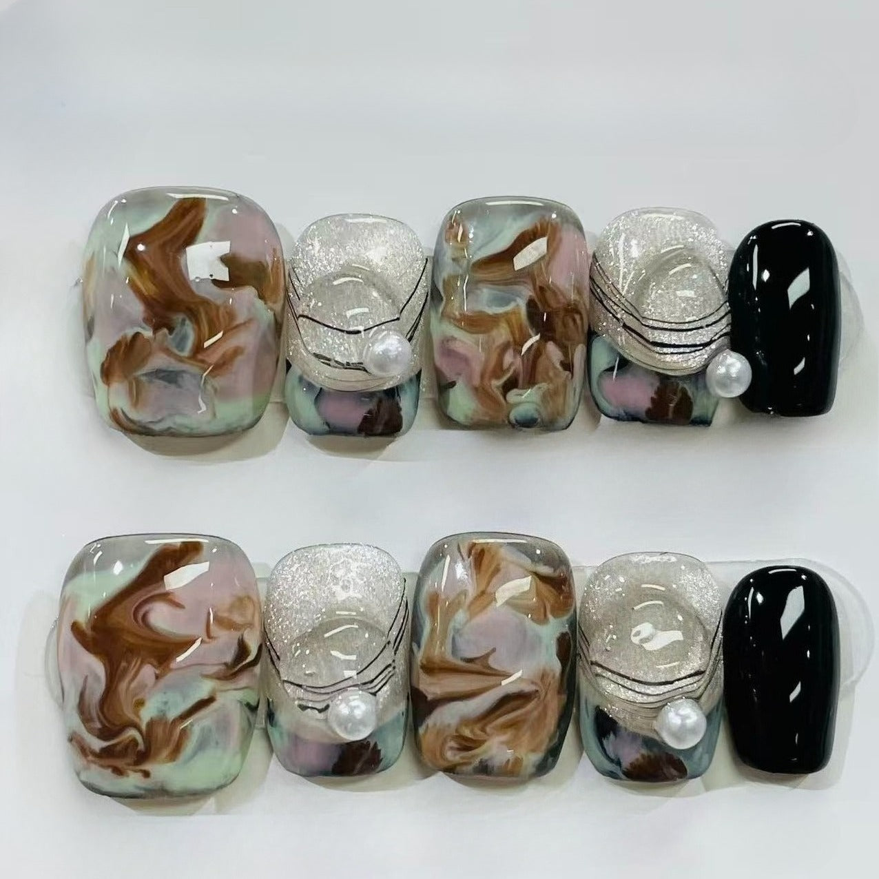 More to save up to 60% Retro Marble Pearl Short Press On Nails