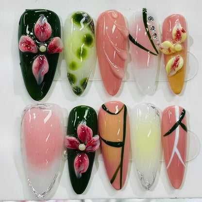 More to save up to 60% Hand Painted Floral Almond Press On Nails