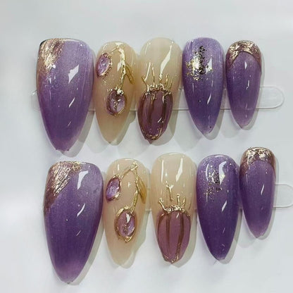 More to save up to 60% Purple Gold Almond Press On False Nails