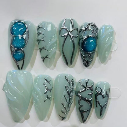 More to save up to 60% Mint Green Blue Gem Almond Handmade Press On Nails
