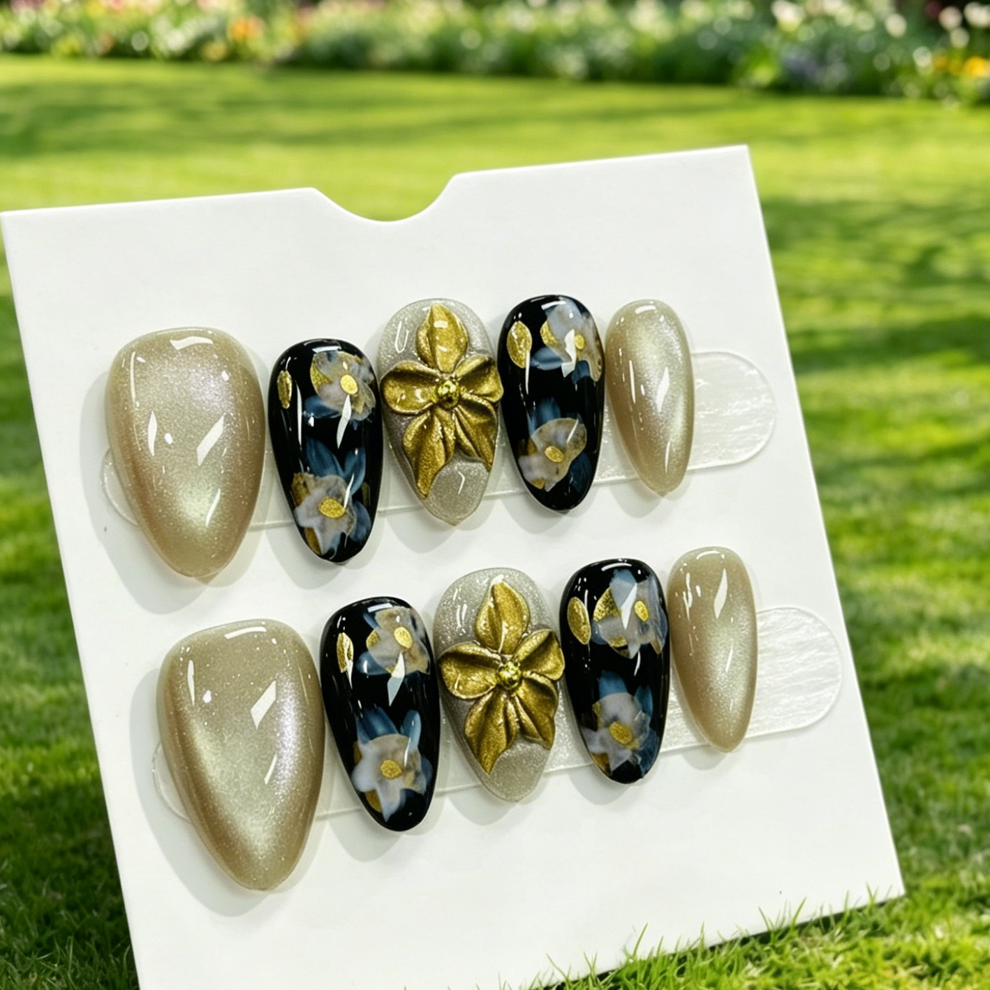 More to save up to 60% Luxury 3D Gold Flower Press On Fake Nails