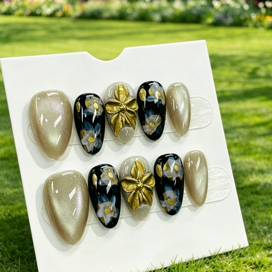 More to save up to 60% Luxury 3D Gold Flower Press On Fake Nails