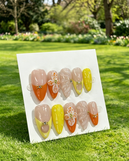 More to save up to 60% Orange Yellow Floral Fake Press On Nails