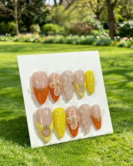 More to save up to 60% Orange Yellow Floral Fake Press On Nails