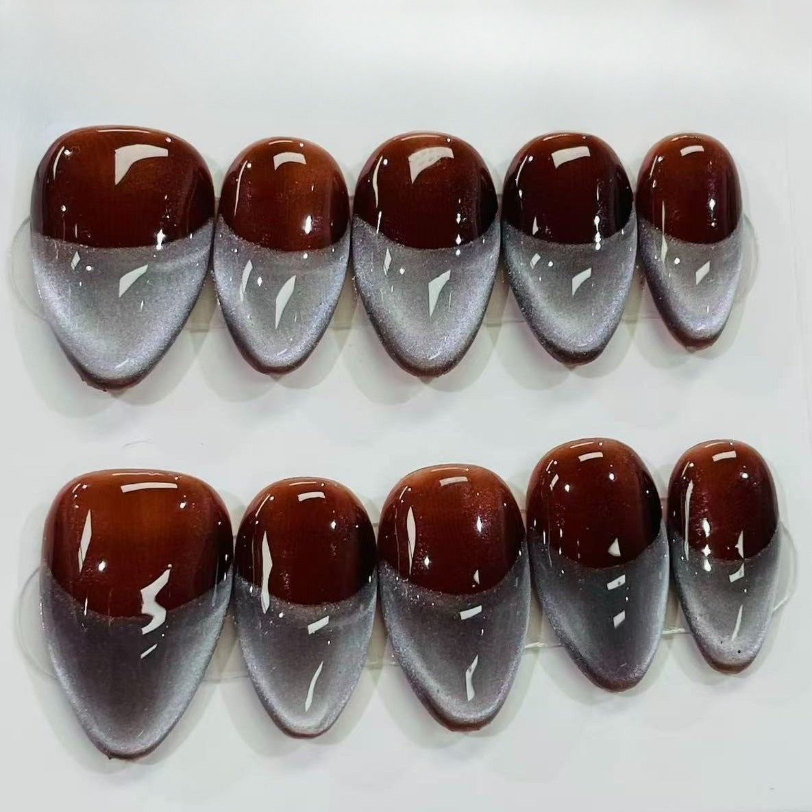More to save up to 60% Brown Silver Gradient Almond Press On Nails