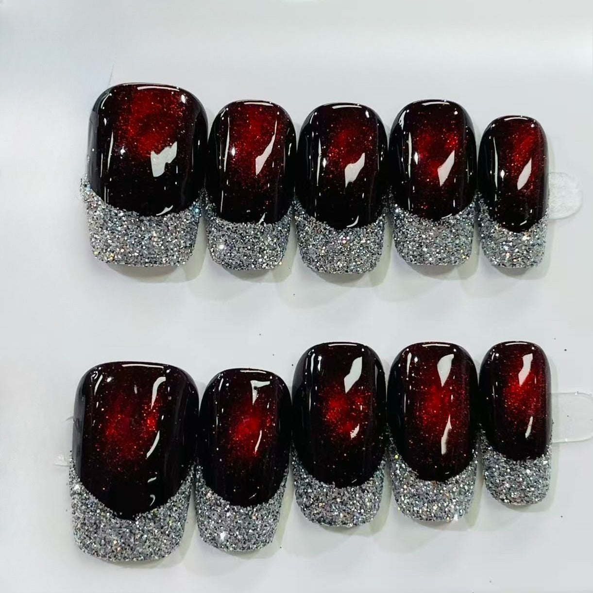 More to save up to 60% Red Glitter Gradient Silver Press On False Nails