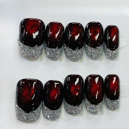 More to save up to 60% Red Glitter Gradient Silver Press On False Nails