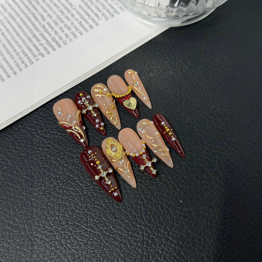Vintage Religious Press on Nails Naked Pink Burgundy Contrast Color Long Pointed Carving Hand Painted Luxury