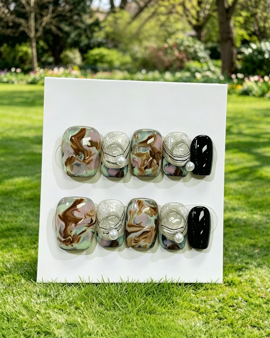 More to save up to 60% Retro Marble Pearl Short Press On Nails
