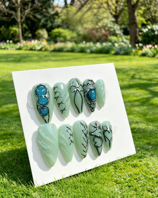 More to save up to 60% Mint Green Blue Gem Almond Handmade Press On Nails