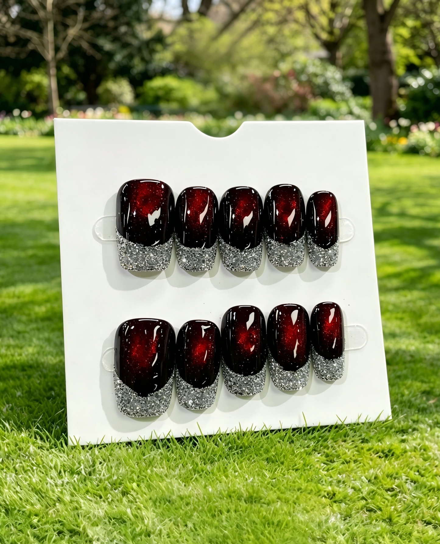 More to save up to 60% Red Glitter Gradient Silver Press On False Nails