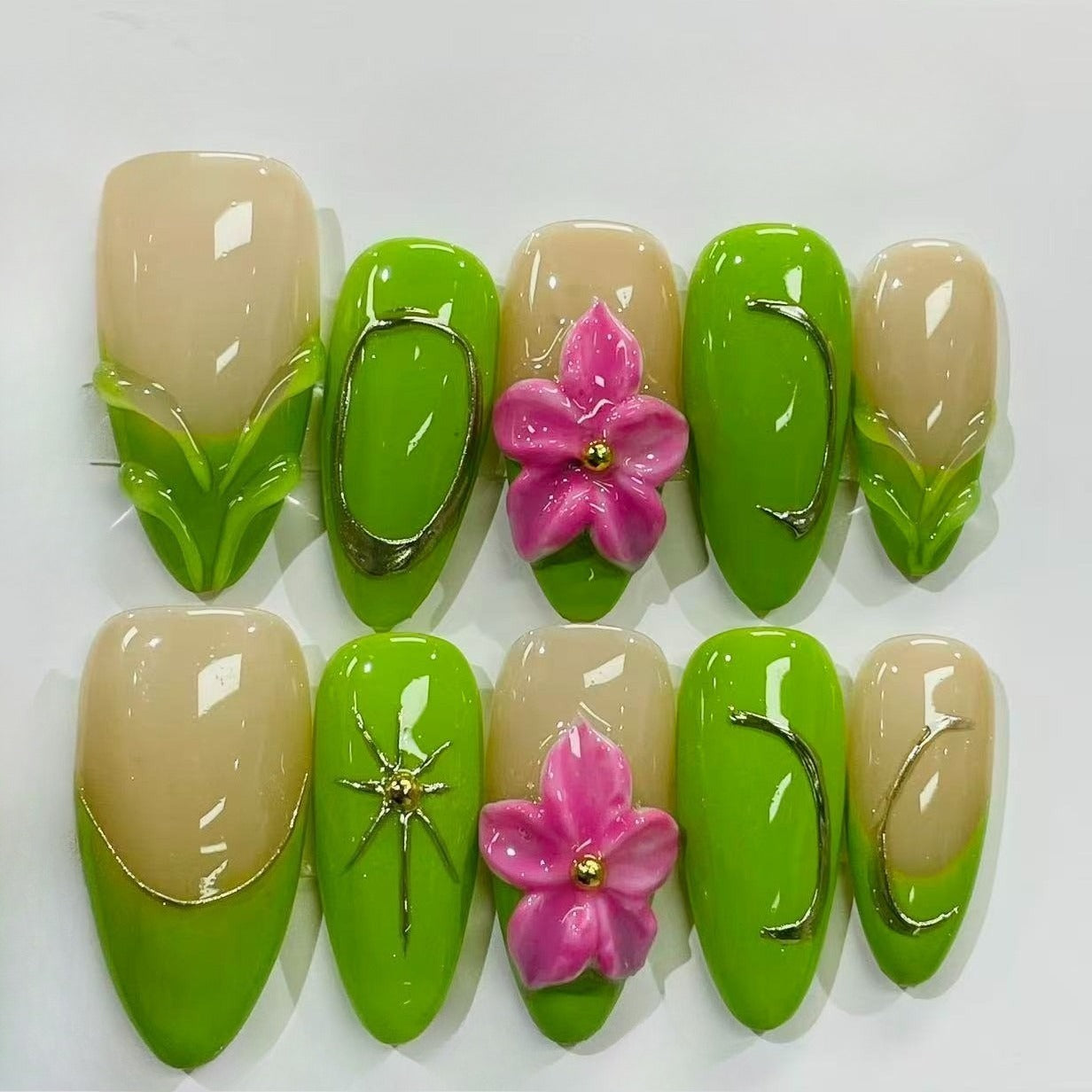 More to save up to 60% Green 3D Floral Almond Press On False Nails