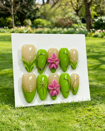 More to save up to 60% Green 3D Floral Almond Press On False Nails