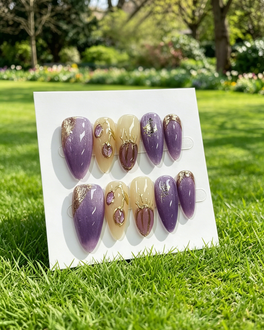 More to save up to 60% Purple Gold Almond Press On False Nails
