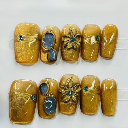 More to save up to 60% Golden 3D Flower Rhinestone Press On Nails