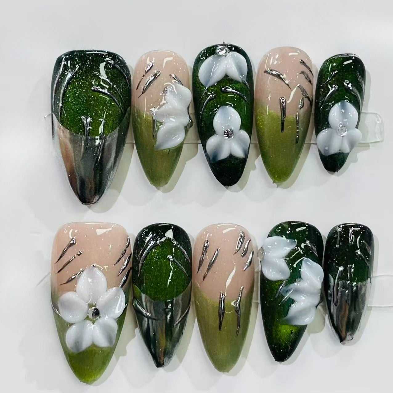 More to save up to 60% Blue Press On Nails Silver 3D Flower Design