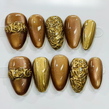 More to save up to 60% Luxury 3D Gold Flower Press On Fake Nails