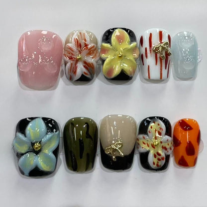 More to save up to 60% Orange Yellow Floral Fake Press On Nails