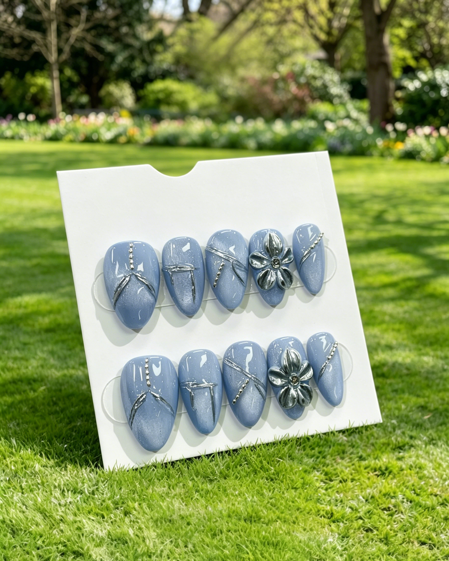 More to save up to 60% Blue Press On Nails Silver 3D Flower Design