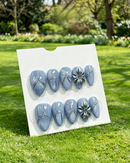 More to save up to 60% Blue Press On Nails Silver 3D Flower Design