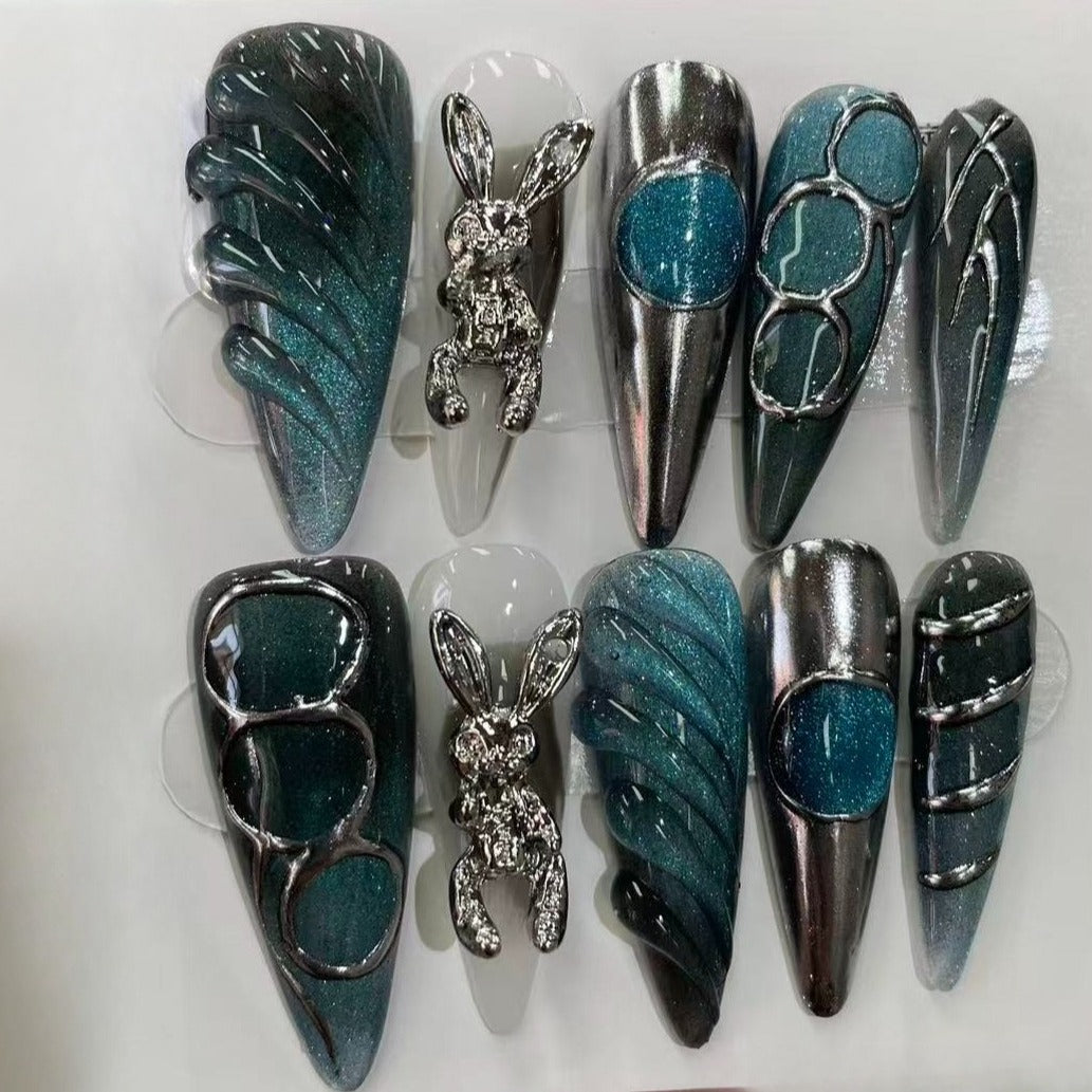 More to save up to 60% Dark Green 3D Bunny Long Fake Nails